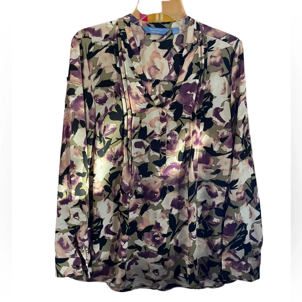 Simply Vera Vera Wang Long Sleeve V Neck 4 Button Popover Floral Blouse Large - Picture 7 of 14